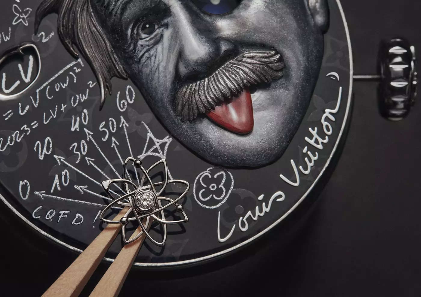 Gros zoom sur l'exceptionnel Tambour Einstein Automata de Louis Vuitton pour Only Watch 2023