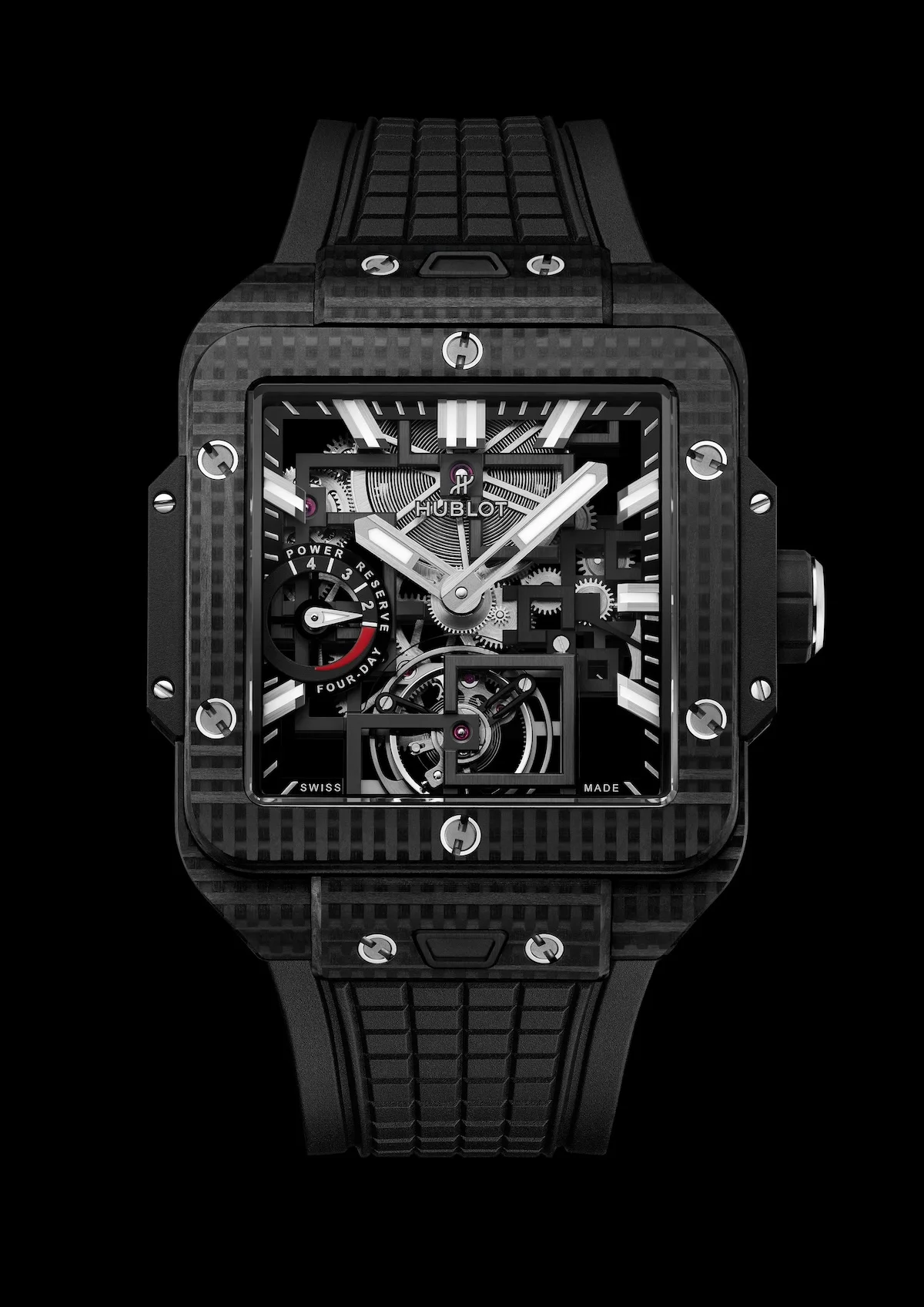 Hublot Square Bang Tourbillon 4 Day Power Reserve 1 Hublot dévoile la Square Bang Tourbillon 4-Day Power Reserve, avec un boîtier en carbone 3D