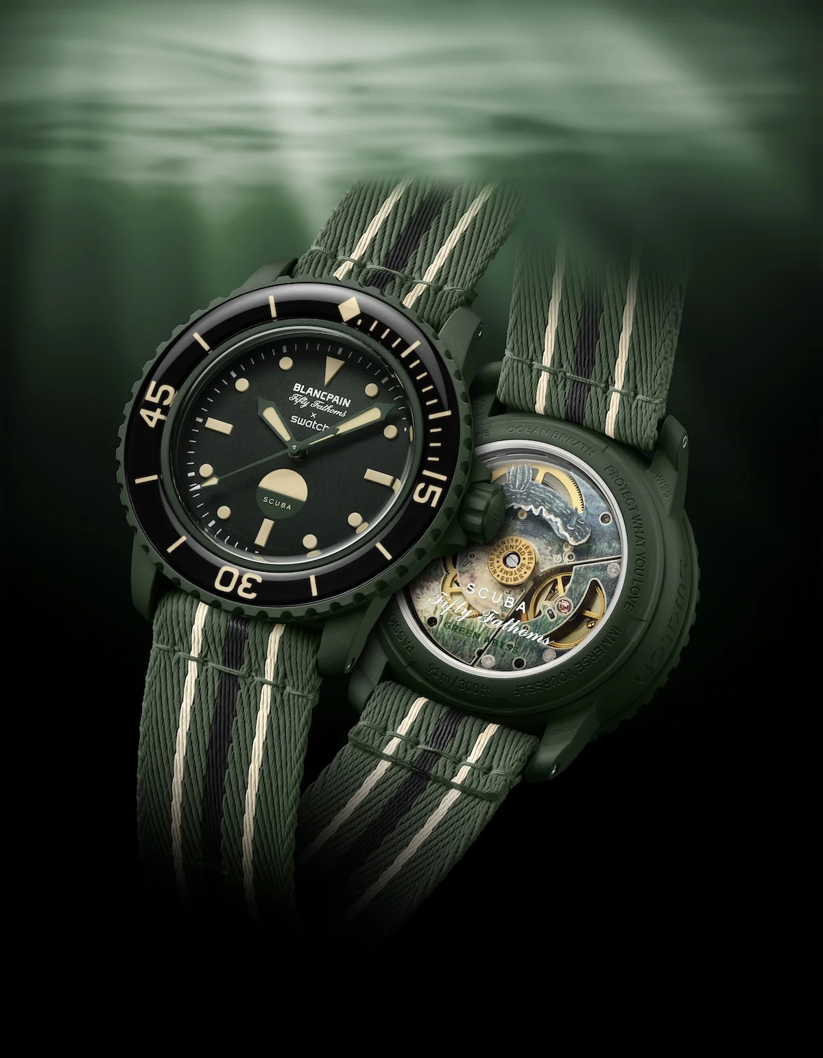 Blancpain x Swatch GREEN ABYSS 1 La nouvelle montre Blancpain x Swatch GREEN ABYSS adopte une esthétique militaire pour séduire les amateurs de plongée