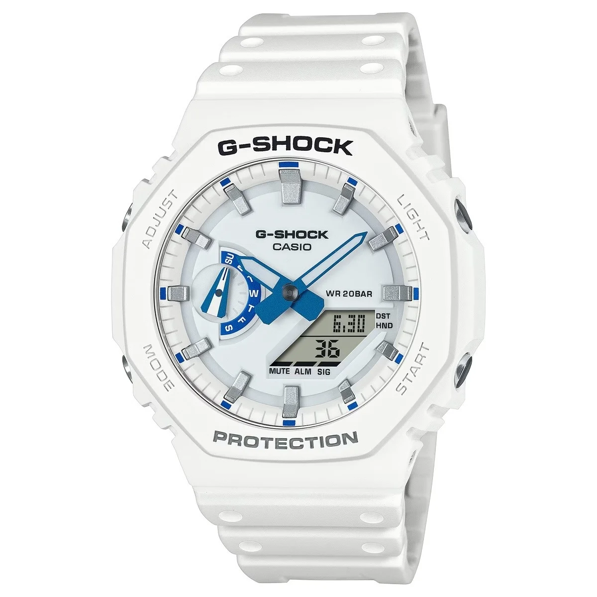 G SHOCK Serie HDS GA 2100HDS 7A La série G-SHOCK Hidden Glow de CASIO s'enrichit de six nouveaux modèles aux couleurs blanc et bleu phosphorescentes