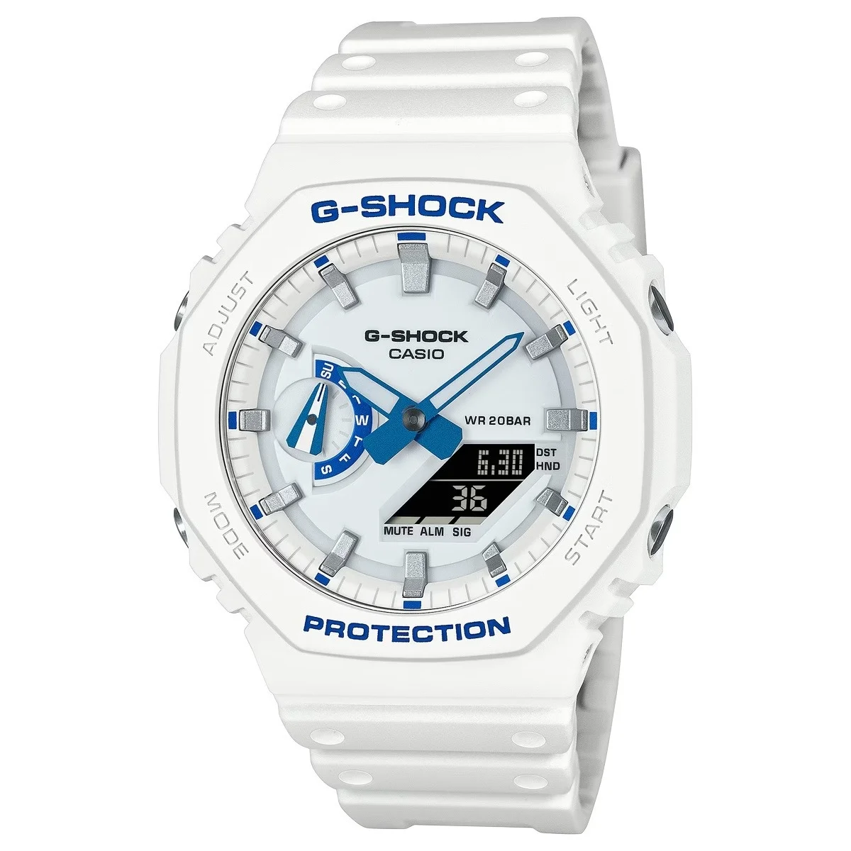 G SHOCK Serie HDS GA 2100HDS 7A1 La série G-SHOCK Hidden Glow de CASIO s'enrichit de six nouveaux modèles aux couleurs blanc et bleu phosphorescentes