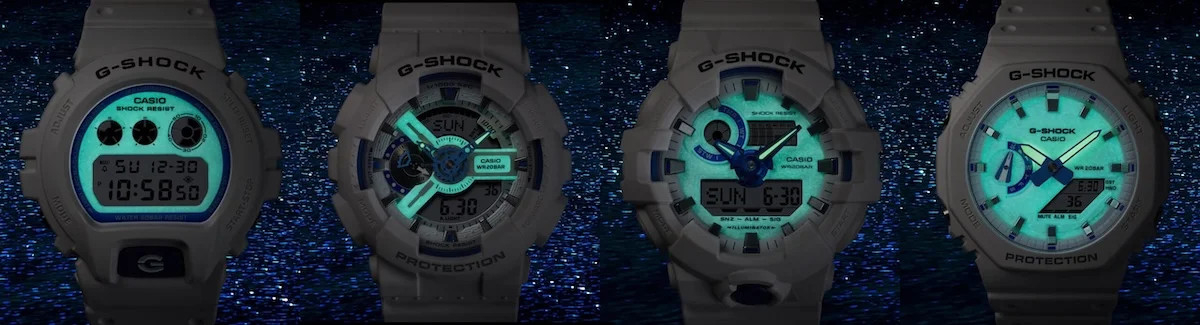 G SHOCK Serie HDS Montres Blanc Bleu 2 La série G-SHOCK Hidden Glow de CASIO s'enrichit de six nouveaux modèles aux couleurs blanc et bleu phosphorescentes