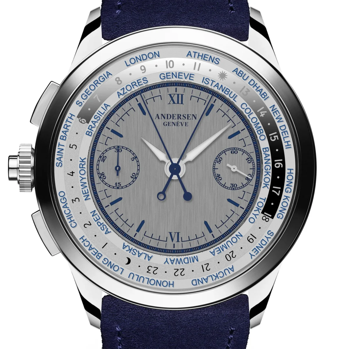 Andersen Geneve Chronographe Rattrapante Worldtimer 2 Andersen Genève Chronographe Rattrapante Worldtimer : première mondiale en platine limitée à 8 pièces