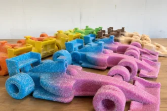 JISBAR signe ses sculptures F1 aux couleurs acidulées en résine pleine et en verre pilé