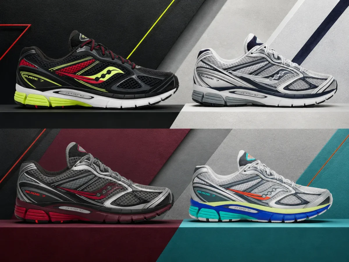Saucony ProGrid Guide 7 4 La Saucony ProGrid Guide 7 revient en « Silver/Maroon » et « White/Drupe », fidèle à elle-même