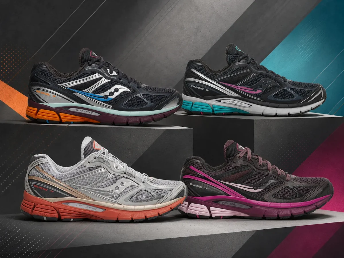 Saucony ProGrid Guide 7 5 La Saucony ProGrid Guide 7 revient en « Silver/Maroon » et « White/Drupe », fidèle à elle-même