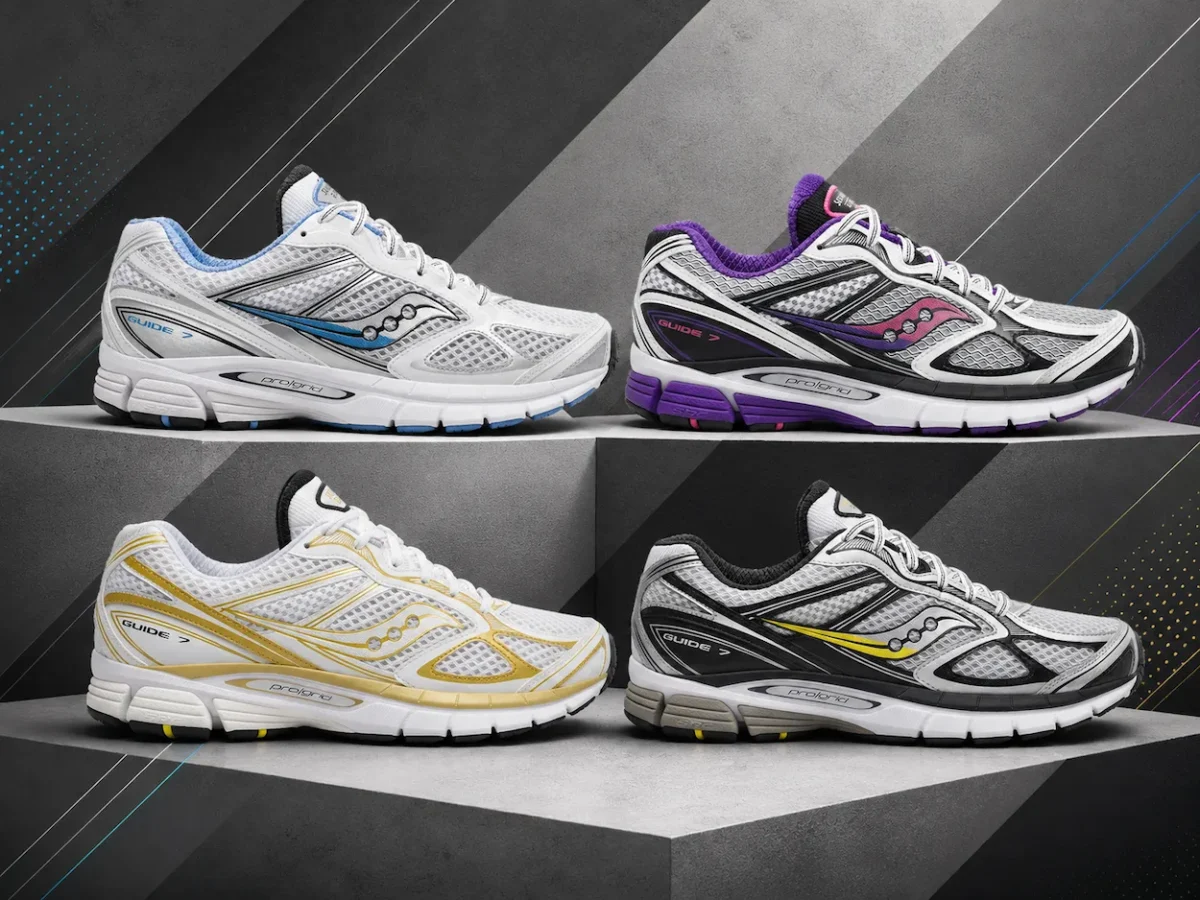 Saucony ProGrid Guide 7 6 La Saucony ProGrid Guide 7 revient en « Silver/Maroon » et « White/Drupe », fidèle à elle-même